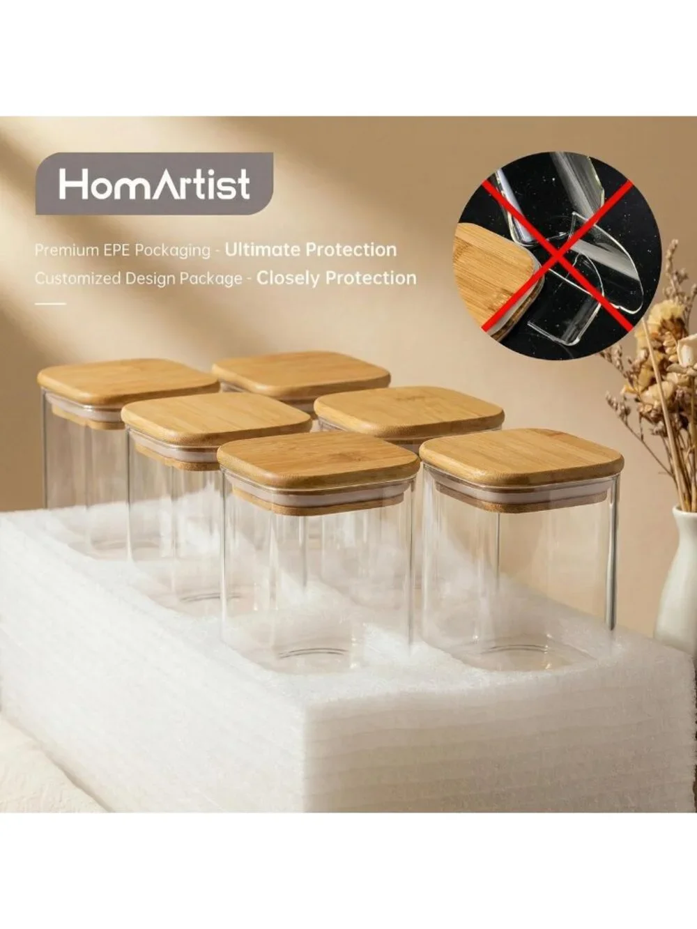 5 Pack Airtight Square Glass Storage Jars with Bamboo Lids for Kitchen